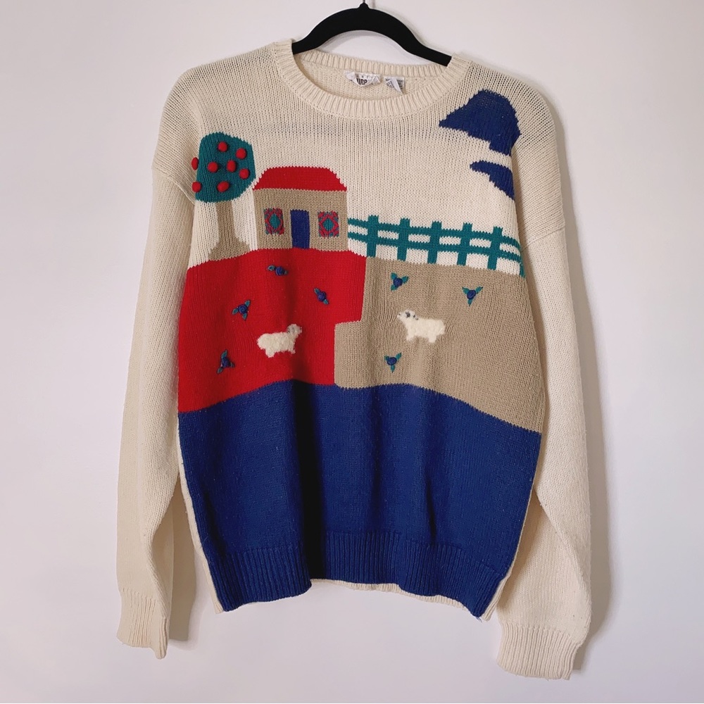 Vintage Country Suburban Farmhouse Sheep Knitted Sweater Size L